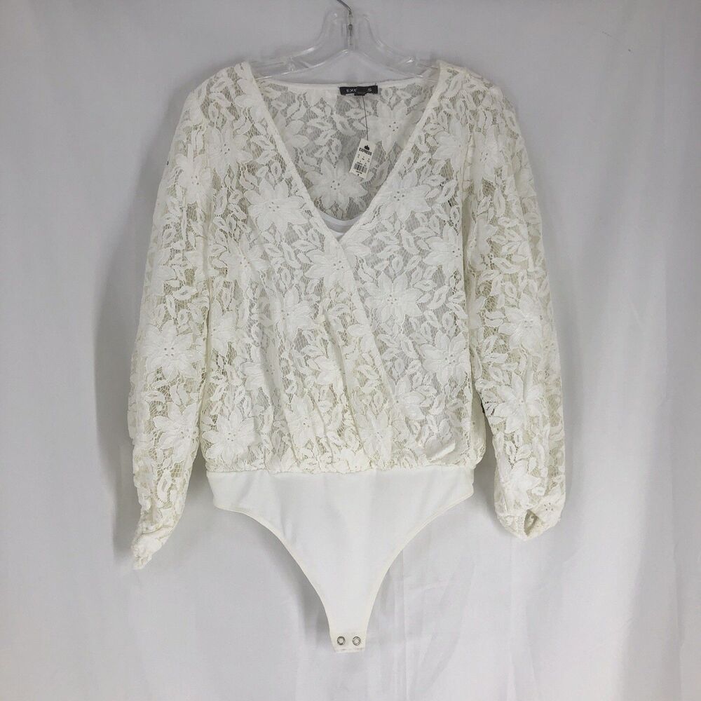 Express Bodysuit Womens Medium White Lace Wrap V Neck Long Sleeve Thong Snap